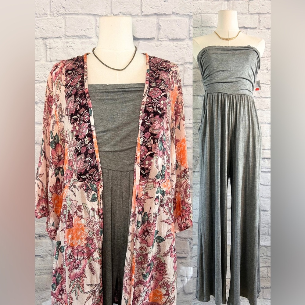 Kimono & Jumpsuit Grey Rayon Jumpsuit Strapless Ruched Wide Leg Travel Vacay